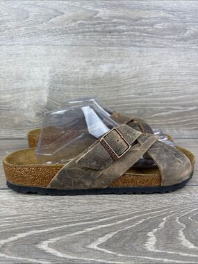 Birkenstock Lugano Men’s Sz 10/EU 43 Camberra Old Tobacco Leather Strap Slides